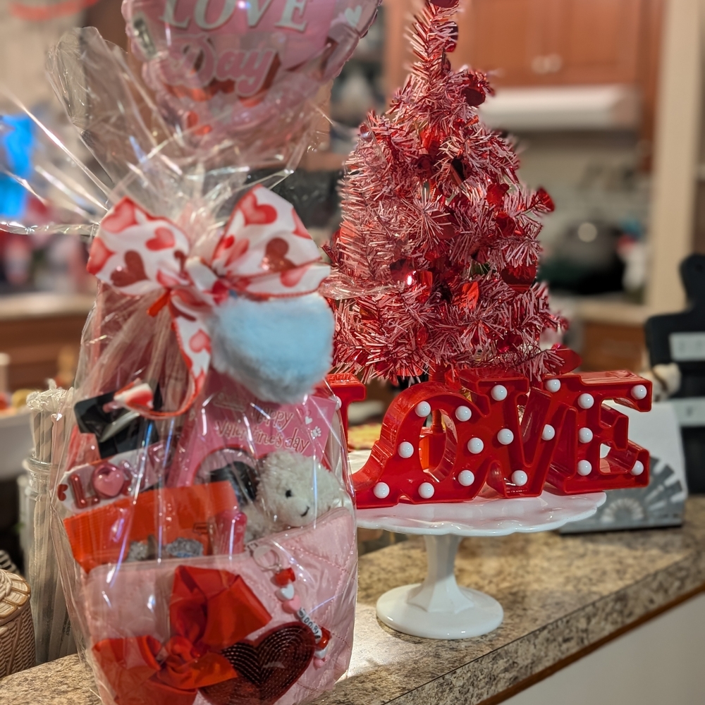 Valentine's Day Gift Basket with Red and Pink Accents